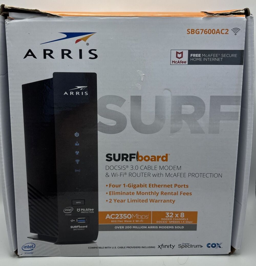 ARRIS SURFboard SBG7600AC2 32x8 DOCSIS 3.0 Cable Modem AC2350 Wi-Fi Router EUC